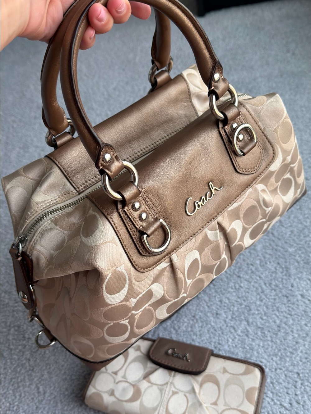 Coach Beige/Tan Signature Canvas Satchel with Brown Leather Trim with wallet Set